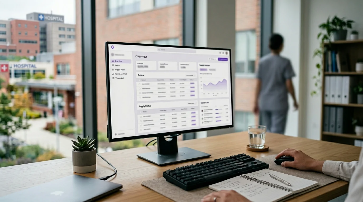 Organized hospital procurement workspace with a single clean software dashboard